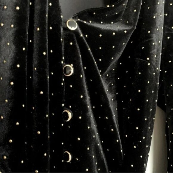 ZARA Black Velvet Shirt Dress With Tie-Waist and Tiny Gold Metal Grommets - Picture 8 of 11